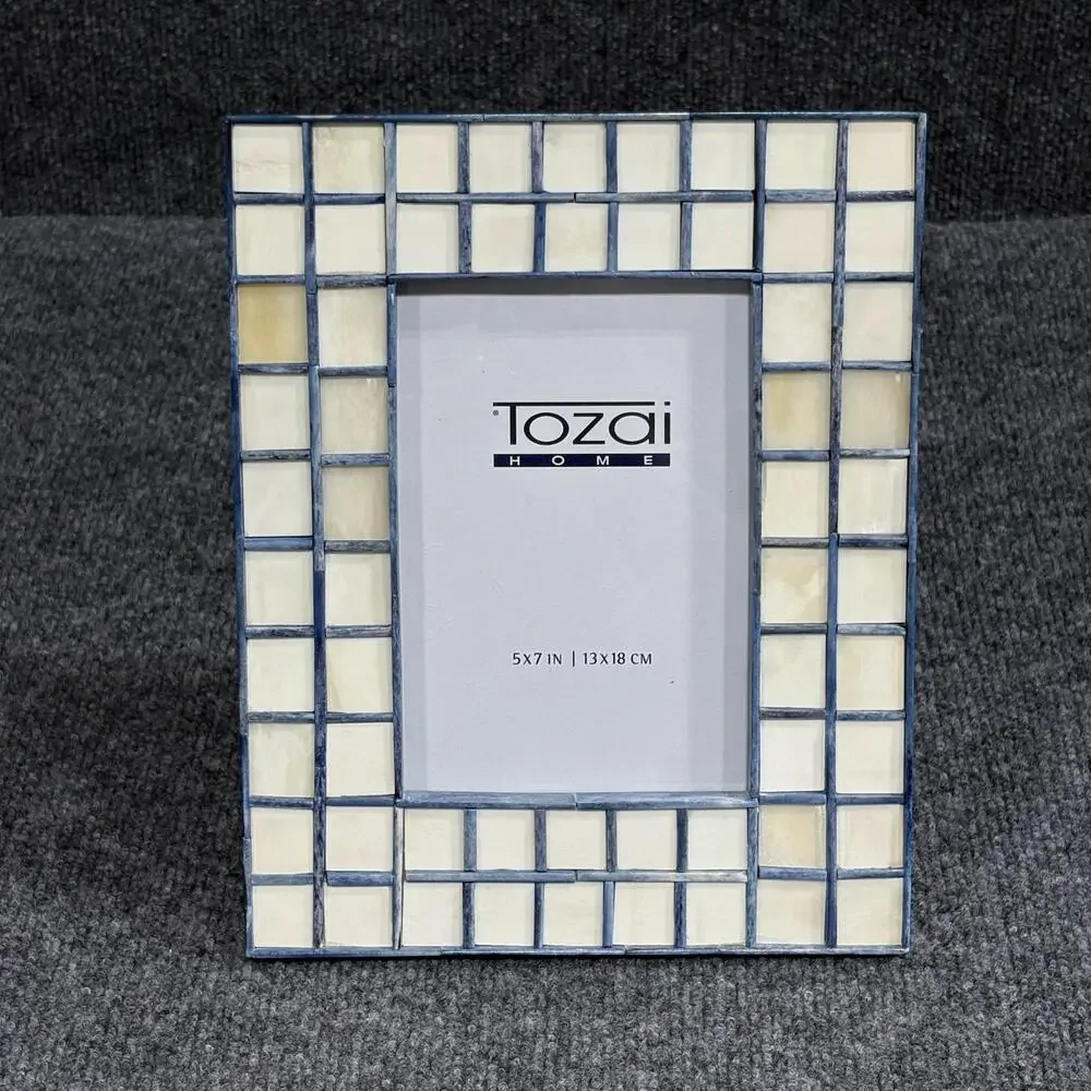 Tozai Home Mosaic Photo Picture Frame 5x7 Wood Tile Beige Blue Handmade In India